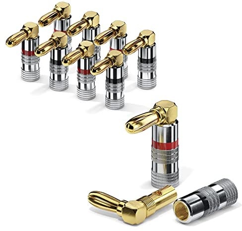 sonero Bananenstecker 8er-Set, 90° gewinkelt, Lautsprecherkabel/Boxenkabel | 24k vergoldete Stecker mit Farbring, Doppel-Verschraubung für einfache HIFI Verbindung