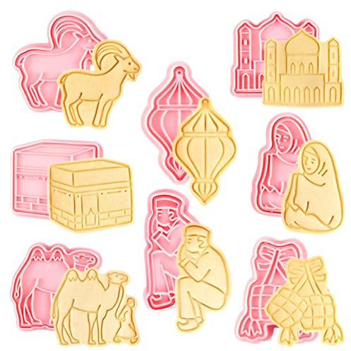 Eid Mubarak Lot de 8 emporte-pièces 3D en forme de biscuit musulman Ramadan chameau étoile lanterne lune 3D tampon à biscuits DIY presse à biscuits moules à biscuits gaufrer saut à biscuits
