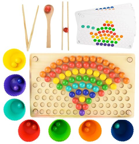 Auptiz Wooden Peg Board Beads Game,Wooden Rainbow Peg Board,Wooden Clip Beads Game,Motor Skill Montessori Toys for Toddlers Kids 3 4 5 Gift Years Preschool Learning Toys