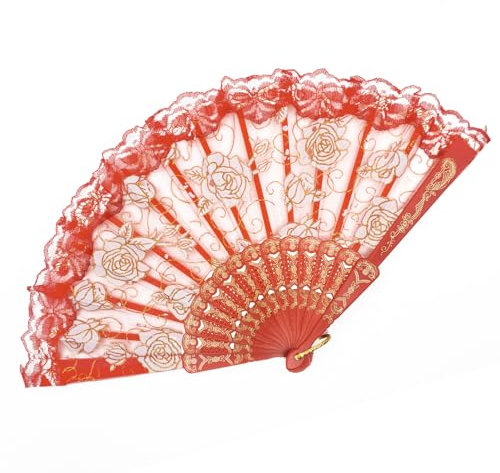 EOSAU Éventail chinois pliable en dentelle pour femme pour fête, mariage, église, danse (rouge)