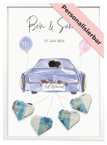 Personalisiertes Geldgeschenk Hochzeit – Hochzeitsgeschenke für Brautpaar – Hochzeitsgeschenk – Gastgeschenke Hochzeit Geldgeschenke Verpackung als Hochzeitsauto Lila - Spardose Hochzeit