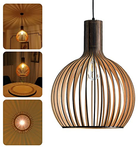 JZCDR Boho Style Bois Suspension, E27 Hauteur Adjustable Naturel Main Lustre Rétro, Rustique Lampe Pendentif pour Salle à Manger, Salon, Chambre à Coucher, Café, Comptoir de Bar (Noir,35×45CM)