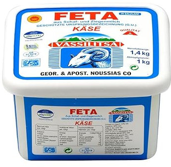Vassilitsa Feta Schafskäse - 1x 1kg Behälter - griechischer Feta aus 70% Schafs- und 30% Ziegenmilch in Salzlake, 43% Fett i.Tr., Schafkäse und Ziegenkäse, Premium-Qualität aus Griechenland