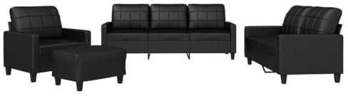 vidaXL Sofagarnitur 4-TLG., Sessel Couch mit Kissen Fußhocker, Sofa Wohnzimmersofa mit Armlehnen, Couchgarnitur Designsofa Sitzmöbel Polstermöbel, Schwarz Kunstleder