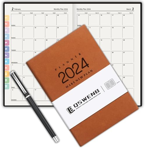 Auoketuo 2024 A5 Jahresplaner 8,34 x 5,71, 2024 täglich, wöchentlich, monatlich, dickes Premium-Papier, weicher Einband, inklusive schwarzem Tintenstift, braun.