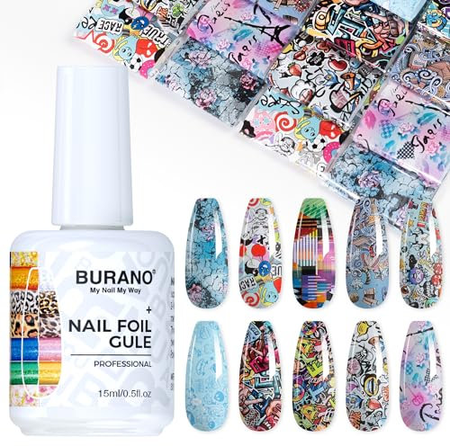 BURANO Transferfolie Nägel Nagelfolien, Nail Art Foil Kleber Folienkleber mit 10PCS Foliensticker,Transferfolie Nagelsticker 15ml 1 Flaschen Nail Art Klebetransfer (Design Foil 17)