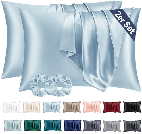 Vielit 2er Set Satin Kissenbezug 50x80 Hellblau, Weich wie Seidenkissenbezug,Bessere Pflege als Silk Pillosecase,Satin Kopfkissenbezug 50x80 Kissenhülle für Haar und Haut mit 2 Haargummis