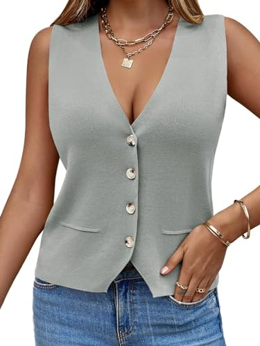 Saodimallsu Damen Ärmellos Pullover Weste Stricken V Hals Knopf Mode Lässig Lose Strickjacke Frauen Sommer Strickweste Pullover