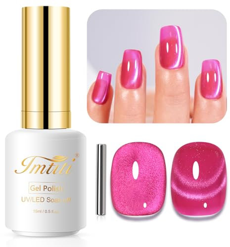 Imtiti Smalto Semipermanente Unghie Magnetico, 15ml Rosa Caldo Cristallo Glitter Cat Eye Gel Nail Polish Con Magnete Occhio Di Smalti Semipermanenti Per Unghie Kit Manicure Per Unghie