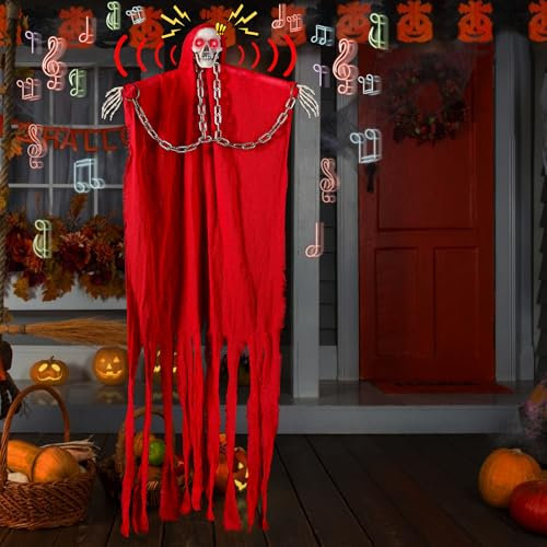 MOGZZi Halloween Decorazioni Casa, Scheletro Fantasma da Appendere con Suoni Horror Zombie e Occhi Horror, Addobbi Vampiro Halloween per la Decor della Party in Giardino Interno e Esterno