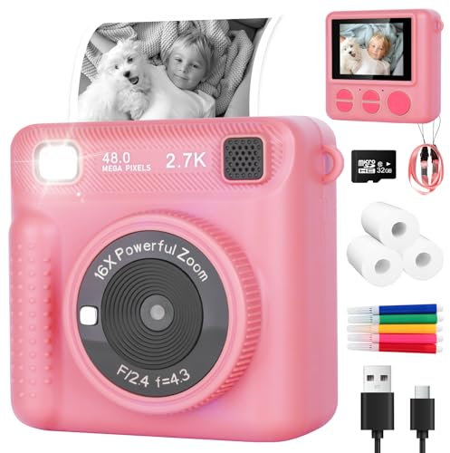 Kids Camera Instant Print for Girls Boys - 2.4'' 1080P Instant Print Camera with 32GB Card & 3 Rolls Print Paper 16x Digital Zoom Birthday Toys Gifts for Kids Age 3-12 (Pink)