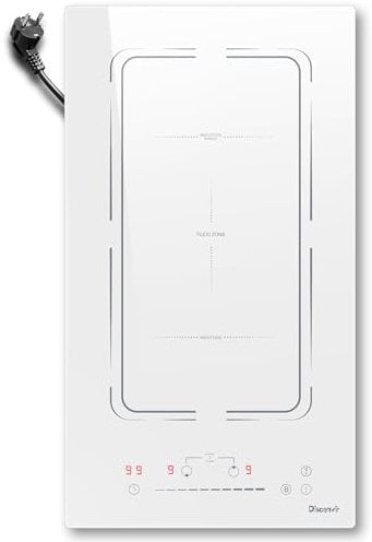 Placa Induccion 2 Fuegos Blanca Enchufabl de 30 cm 3500W, Barbacoa Encimera Induccion con Zona Flexible, Placa Eléctrica con 9 Niveles, Función de Boost, Cronómetro, Bloqueo Para Niños, Disaenvir