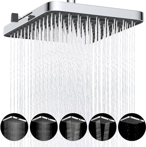 Hibbent 5 Spray Mode Rain Shower Heads, 13 Inch High Pressure Rainfall Shower Head, Square Built-in Shower Heads, Adjustable Swivel Ball Joint, Lush Shower Experience, Easy Installation, Chrome.