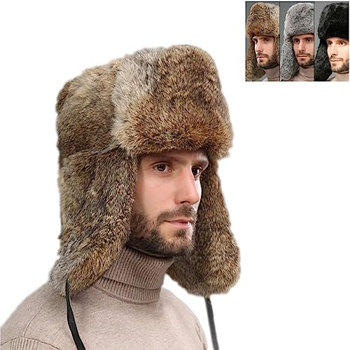 OSMARI Winter Leder Russische MüTze MäNner Frauen PelzmüTze Mit 100% Kaninchenfell Flieger Ohrenklappen Winddicht MüTze (3XL, Braun)