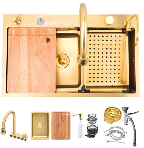 KOOGIDDR - Juego de fregadero de cocina, 80 x 45 cm, con revestimiento de nanotecnología dorado, acero, para bar, encastrable, extraíble, con accesorios, 5 orificios para grifos
