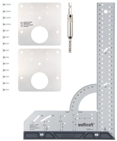 wolfcraft Projekt-Set „Reparatur von Topfscharnieren – Türseite“ - 8657000 - zur maßgenauen Reparatur von zwei Topfscharnieren an der Türseite - inklusive Universalwinkel