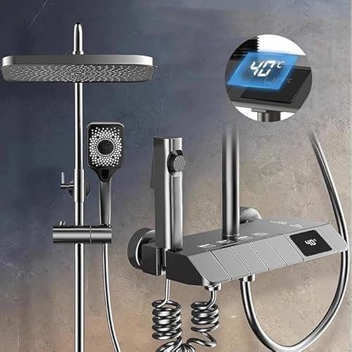 Duschsystem mit Thermostat - Regendusche mit Duscharmatur, Komplettset Duschset mit Duschkopf Duschstange Schlauch Bidet Handbrause, Smart Shower System with LED & Digital Display, Grau