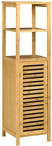 kleankin Badezimmerschrank Badschrank Aufbewahrungsschrank mit Tür, Zwei offene Ablagen, Bambus, Hochschrank Schrank für Badezimmer und Wohnzimmer, ca. 33 x 30 x 120 cm Naturholz