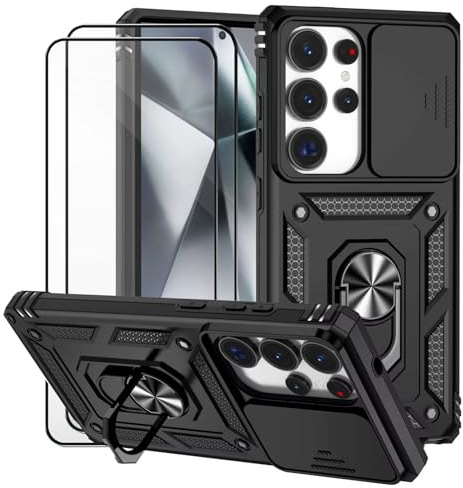 Dechyi Coque pour Samsung Galaxy S25 Ultra avec Verre TrempéLentille Coulissante Couverture Support d’Anneau Rotatif Armor Silicone Étui Antichoc Bumper-Noir