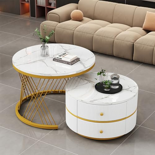 Merax Rund Couchtisch Set, 2-in-1 Beistelltisch Satztisch 2er Modern Wohnzimmertisch mit Stauraum, mit hochglänzender Marmoroptik/2 Schubladen, für Wohnzimmer Büro(Weiß)