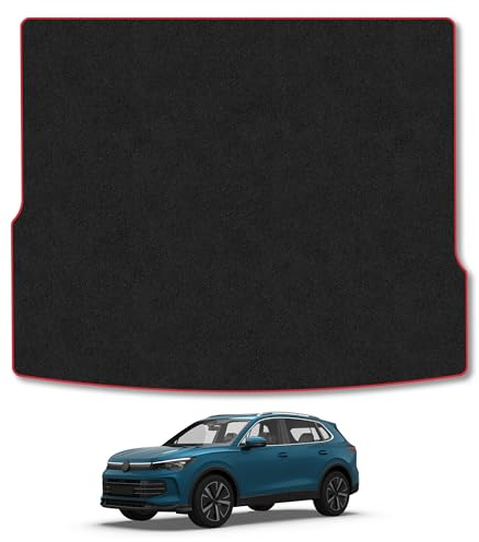 VW Tiguan (2024+) Carpet Boot Mat | Red Edge Trim Tailored Fit Boot Liner Full Coverage Protection Accessories Easy Clean Anti Slip Made in the UK