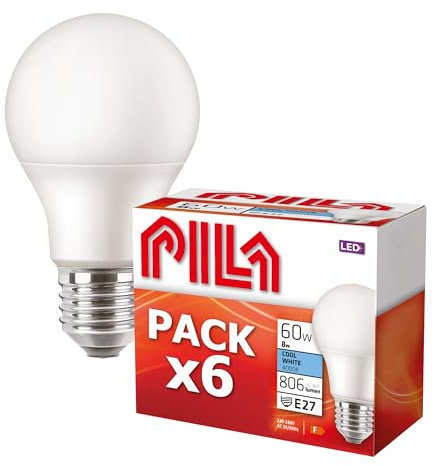 PILA 6er-Pack LED-Lampen, Fat-Sockel (E27), 8 W (= 60 W Glühlampe), 806 Lumen, nicht dimmbar, neutralweißes Licht (4000 K), CRI80, 15.000 Stunden Lebensdauer