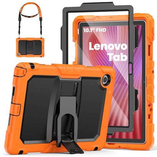 SEYMAC Funda para Lenovo Tab 2025 10.1 Pulgadas (TB-311FU/TB-311XU), Funda para Lenovo Tab 10.1 2025 a Prueba de Golpes con Protector de Pantalla/Soporte Plegable/Correa para el Hombro, Naranja