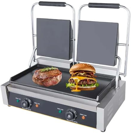Commercial Panini Grill Flat Press - 180° Foldable Sandwich Toaster Maker, 122°F–572°F Electric Tabletop Indoor Grilling Countertop Griddler, Non-Stick Coating,19x9Flat