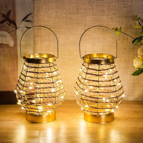 TRIROCKS Metall-Tischlampe, kabellos, 19,5 cm hoch, 2er-Set Käfig-LED-Laternen mit Batteriebetrieb und 6-Stunden-Timer, Vintage-Dekorationslichter für Innen- und Außenbereiche, Schlafzimmer, Hochzeite