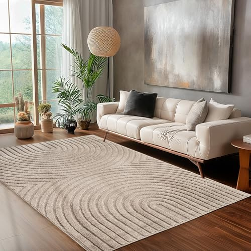 Carpettex Wohnzimmer Teppich 160x230 cm Beige Hochflor Skandi Boho Design Hoch-Tief Effekt Weicher Shaggy Langflor Flauschig Pflegeleicht Modern für couchtisch