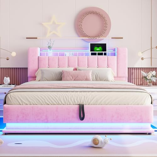ANIROY Polsterbett für Kinder 180x200cm, Doppelbett mit LED & USB-Anschluss & Stauraum Kopfteil & Hydraulischem Stauraum, Kinderbett Bettgestell mit Lattenrost, ohne Matratze, Rosa