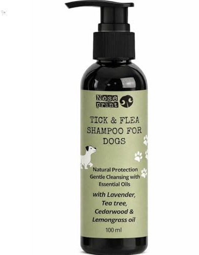 Noseprint Shampooing Naturel Anti-Tiques et Puces pour Chiens, aux Huiles Essentielles de Cèdre, Lavande, Citronnelle, Romarin, Tea Tree, 100 ML