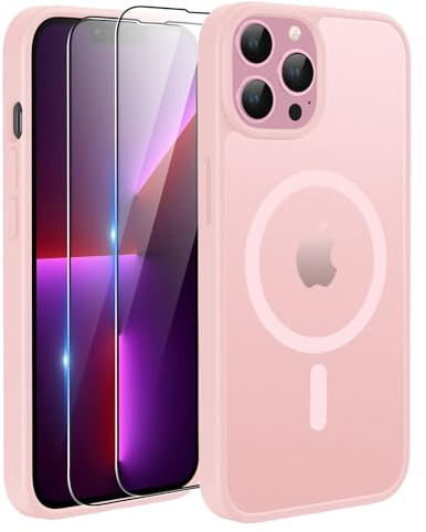 TQIAHF Magnetic Phone Case Cover for iPhone 13 Pro Max,Pink | with 2 Tempered Glass Screen Protector Compatible with MagSafe Military Grade Shockproof Protective Slim Translucent Matte