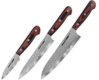 Samura KAIJU Profi Messer Geschenk-Set, Allzweckmesser, Kochmesser, Gemüsemesser ultra-scharf, groß, aus japanisch AUS 8 Stahl, gehämmert, Pakkaholz Handgriff