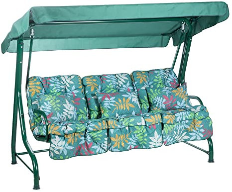 Alfresia Roma 3-Seater Garden Swing Seat - Outdoor Patio Swing Chair with Adjustable Waterproof Canopy and Classic Cushions, Green Canopy and Frame, Alexandra Green Leaf Classic Cushions