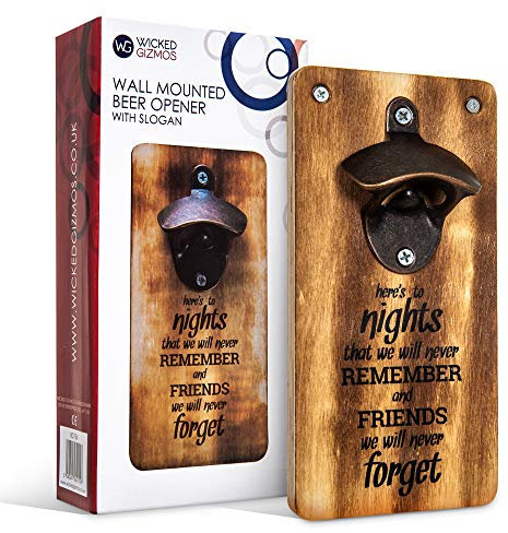 Wicked Gizmos Wall Mounted Bottle Opener Vintage Look Wood and Brass for Beer, Lager or Soft Drinks with Caps (Friends)
