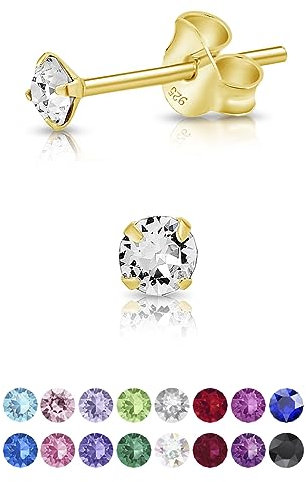 DTPsilver - Winzige Ohrringe 925 Sterling Silber Gelb Vergoldet mit Kristallen von Swarovski® Elements Runde Sehr kleine Ohrstecker - Durchmesser 3 mm - Farbe : klare Kristalle