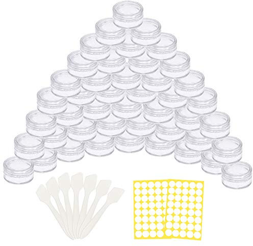 70PCS Pots d'échantillons transparents 5g, contenants de baume à lèvres, contenant d'échantillons en plastique, pots cosmétiques, cuillère à crème 7PCS et autocollants ronds blancs 80PCS