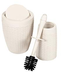 Addis Faux Rattan Dual Bathroom Round Swing Bin and Injection Toilet Brush Set, Calico Cream, Single