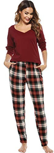 Vlazom Pyjamas Femmes,Pyjama Femme 2 Pièce Hiver Ensemble Pyjama pour Femme Col en V Longue Manche avec Poches Ensemble de Pyjama en Coton Long Grande Taille,L,B-Vin Rouge