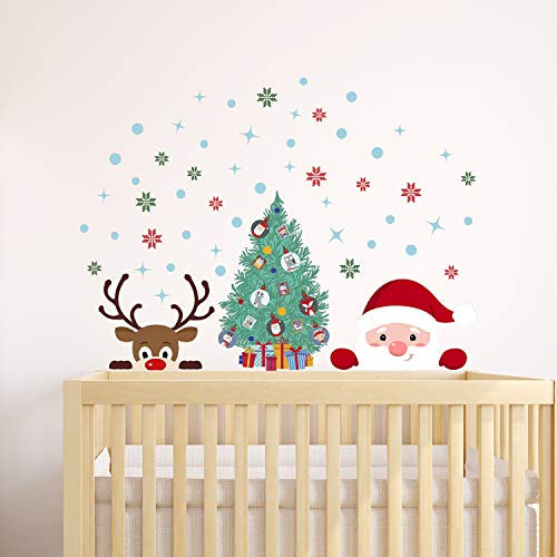 WALPLUS Wandaufkleber / Fensteraufkleber, Motiv Peeking Santa & Rudolph mit Weihnachtsbaum