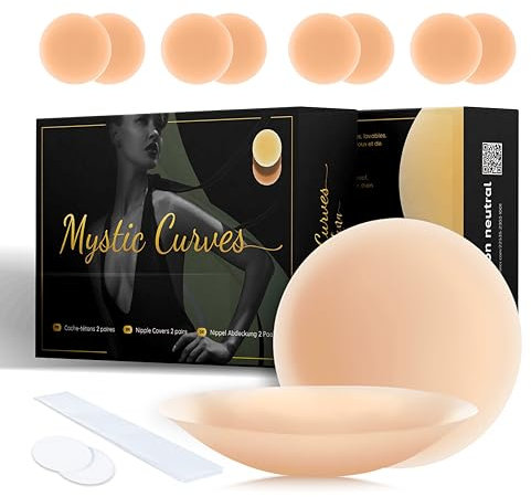 Cache-Tétons Femme Ultra Doux Réutilisables en Silicone, Invisibles Adhésifs Hypo allergéniques | 4 Paires+ Protections Tétons+ Bandes adhésives | Dos Nu, Nipple Covers Seins [8cm Ø] (Crème)