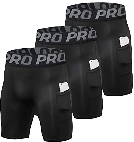 YUSHOW 3er Pack Kompressionsshorts Herren Kompressionshose Sporthose Kurz Schnell Trocknend Atmungsaktive Kurze Radlerhose Sommer Männer Laufhose Funktionsunterwäsche mit Taschen