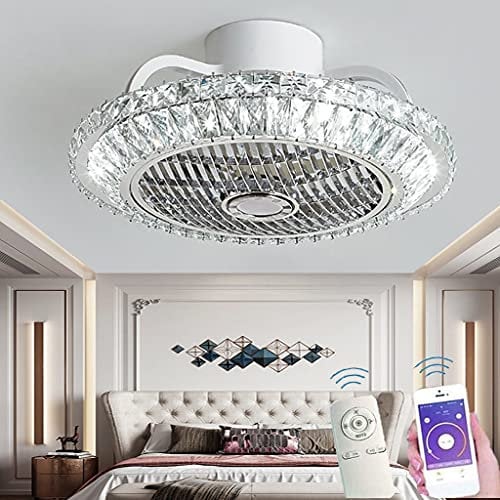 Crystal Ceiling Fan with Lamp Dimmable 72W Mute Invisible Ceiling Fan with Lights LED Lighting with Remote Control and App Adjustable Wind Speed for Dining Room Living Room Bedroom Ceiling Fans