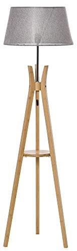HOMCOM Natural Wood Tripod Floor Lamp Light E27 Base Bedroom Living Room Fabric Shade Storage Shelf Foot Switch, 156cm, Grey