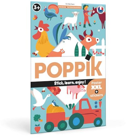 POPPIK 1841150 Sticker-Poster, Bauernhof, interaktives Lernposter mit Aufklebern, mehrsprachiges Tierposter, für Kinder ab 3 Jahren, 68 x 100 cm