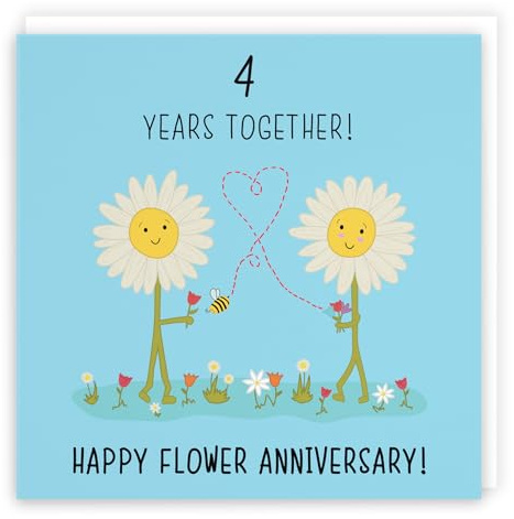 Hunts England - Large 4th Wedding Anniversary Card - Large Size - Flower Anniversary - Iconic Collection - Large - 210 x 210 mm - 4 Years Cute Anniversary Card For Him, Her, Couples, etc.