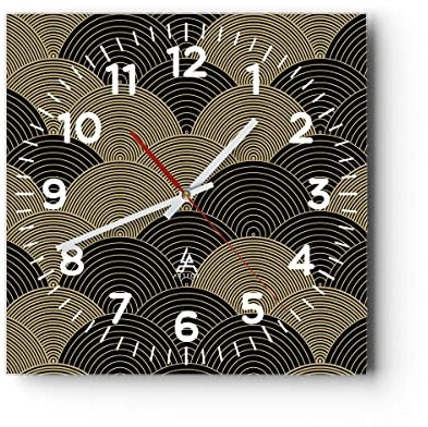 Modern Wanduhr Schwarz und Gold Kreise Grafiken 30x30cm Quadrat Klein Wand Uhr Glas Analog Zimmeruhren Küche Büro Wohnzimmer Glasuhr Wall Clock Dekoration Design Küchenuhr C4AC30x30-4880