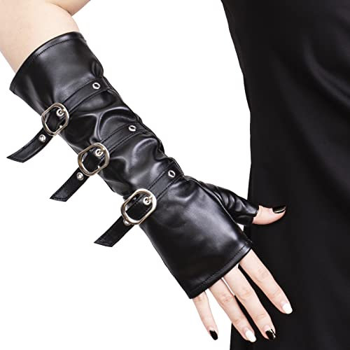 JISEN Punk Fingerless Gloves PU Faux Leather Steampunk Arm Warmers Gothic Arm Sleeves for Halloween Cosplay Party