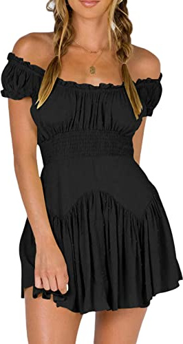 Vestido corto de verano con mangas abombadas y hombros descubiertos para mujer, cuello cuadrado, con volantes, acampanado, vestido de playa con vuelo